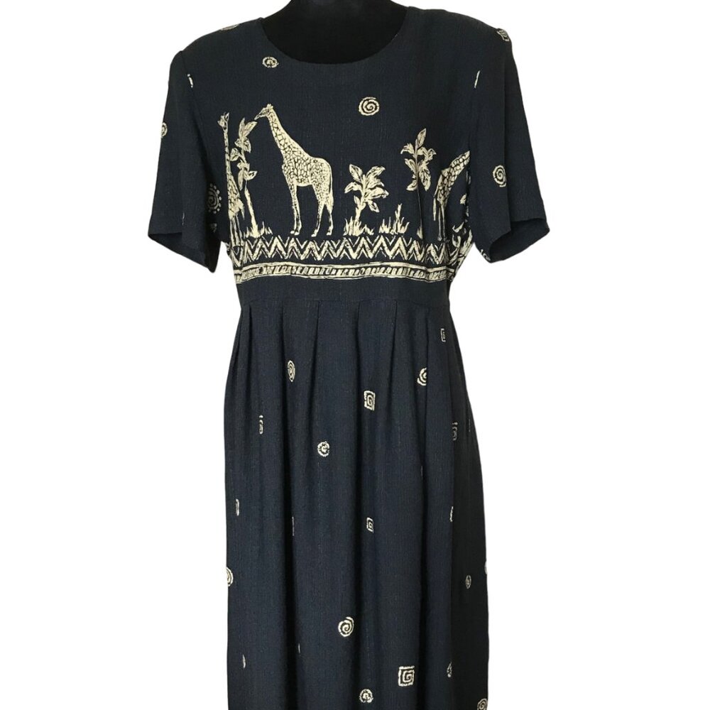Citi Dress Giraffe Print Dress, Vintage 80s Long Rayon Dress Black, Size 18W